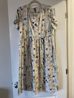 Women’s Floral Midi Dress - Cream with Blue & Orange Blooms